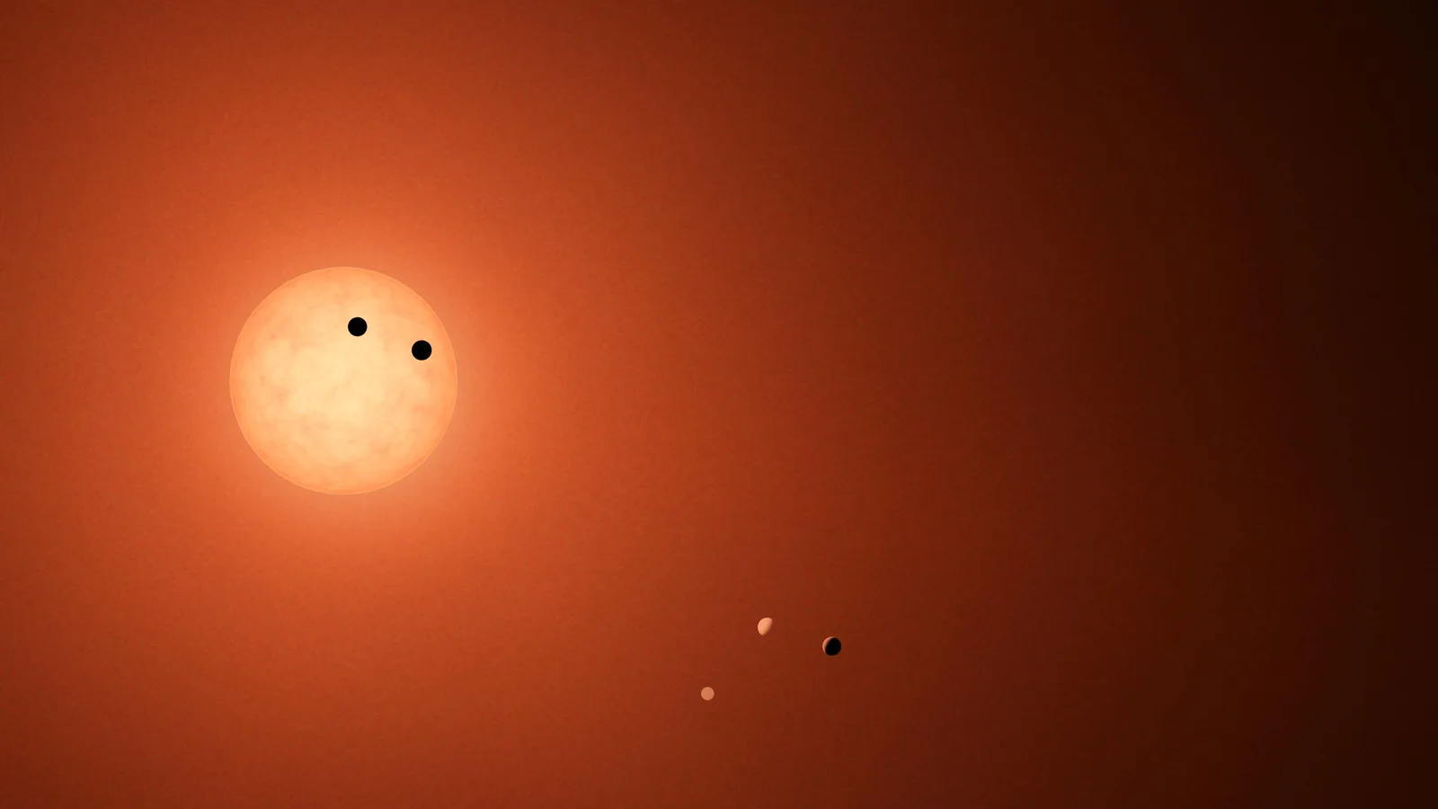 艺术家绘制的 TRAPPIST-1 系统凌日景象，红矮星前方排列着多颗行星
